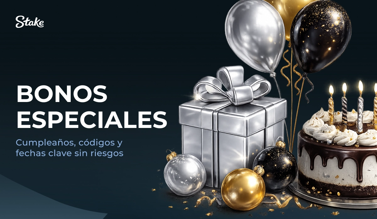 Stake: pastel con globos y velas, sección 'Bonos especiales'