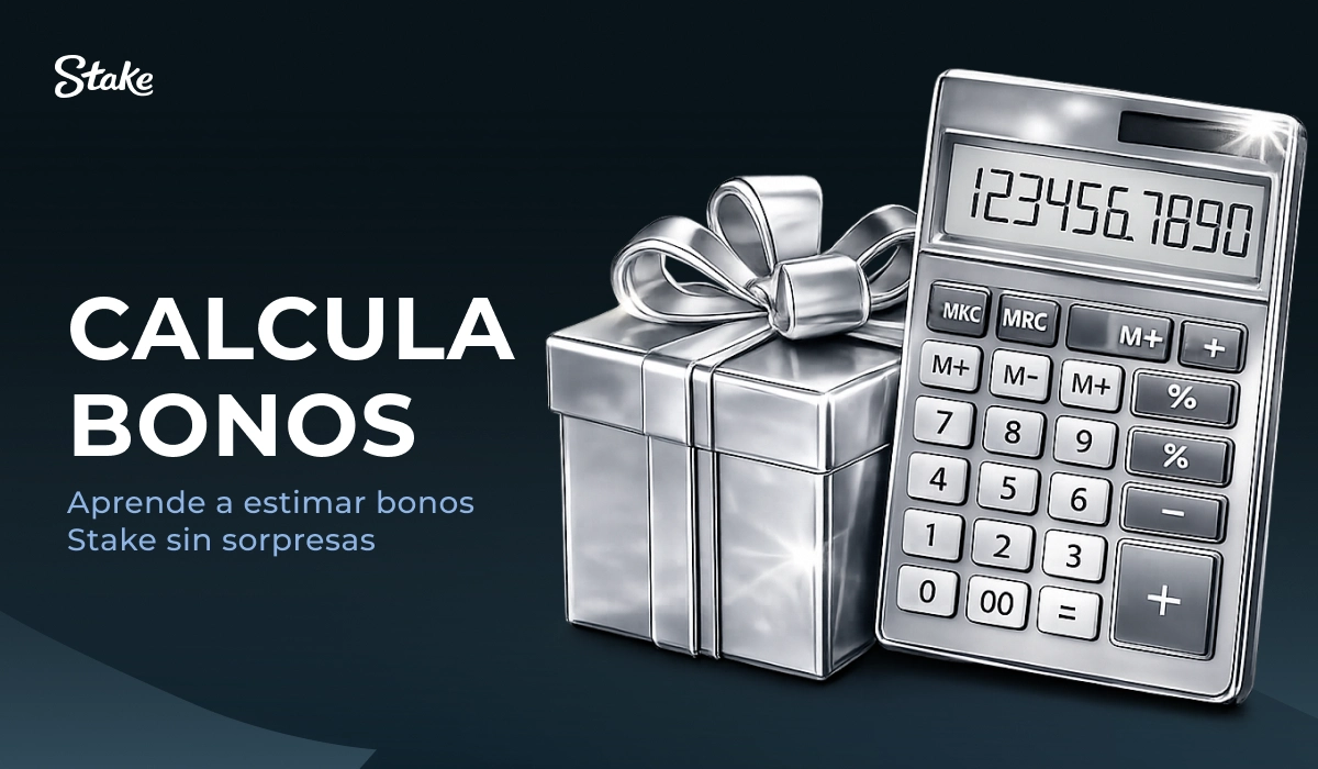 Stake: calculadora junto a una caja de regalo, sección 'Calcula bonos'.