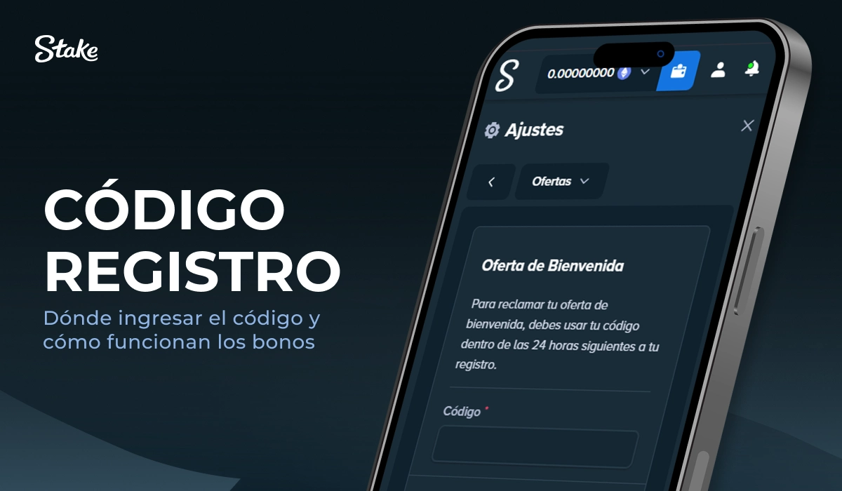 Stake: teléfono con pantalla de configuración, tarjeta 'Código registro'