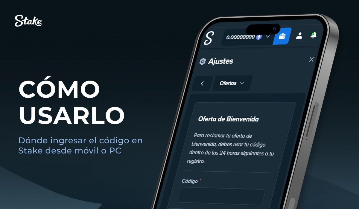 Stake: teléfono móvil con ajustes en pantalla, sección 'Cómo usarlo'.