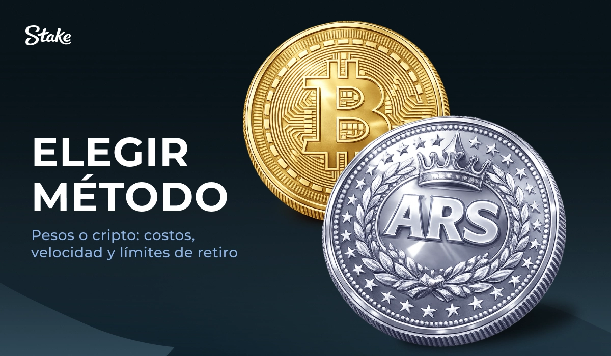 Stake: monedas Bitcoin y ARS, tarjeta 'Elegir método' para retiros.