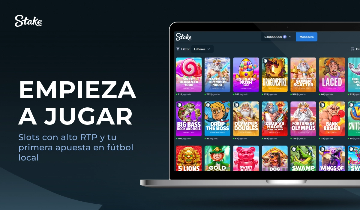 Stake casino online: empieza a jugar, pantalla con tragamonedas y juegos de casino en la plataforma.