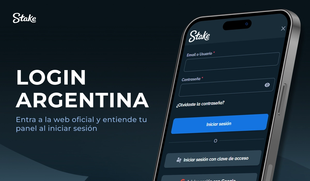 Stake: móvil con pantalla de inicio de sesión, tarjeta 'Login Argentina'
