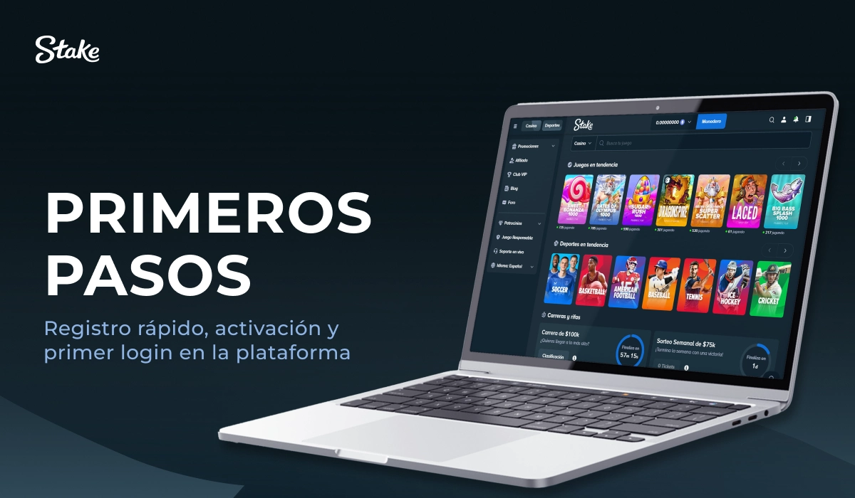 Stake casino online: guía de primeros pasos, laptop con la plataforma y juegos de casino.