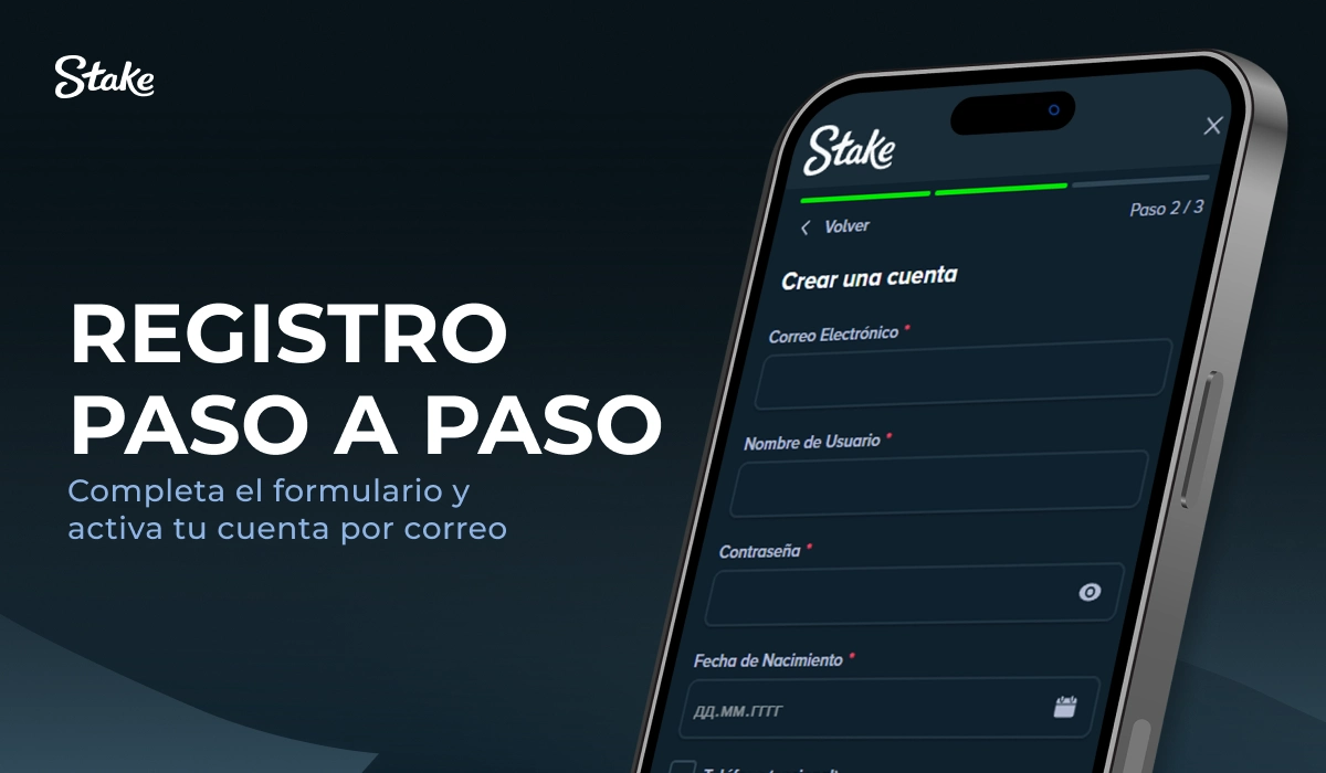 Stake: móvil con formulario en pantalla, tarjeta 'Registro paso a paso'