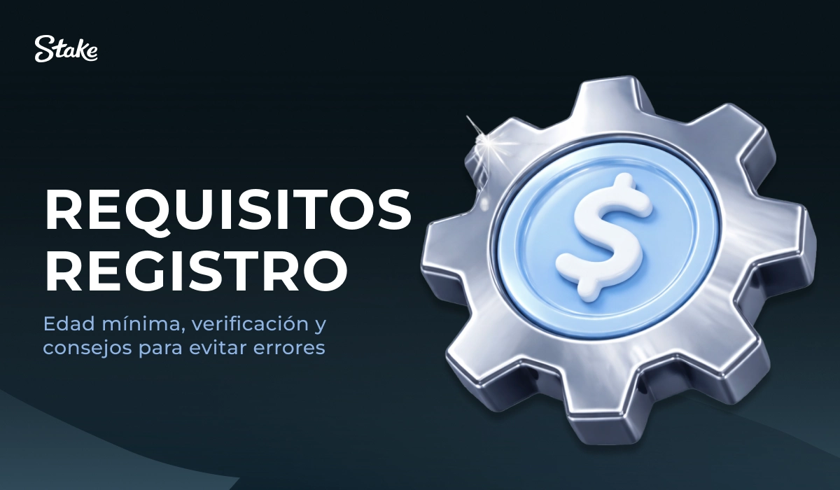 Stake: engranaje metálico con letra S, tarjeta 'Requisitos registro'.