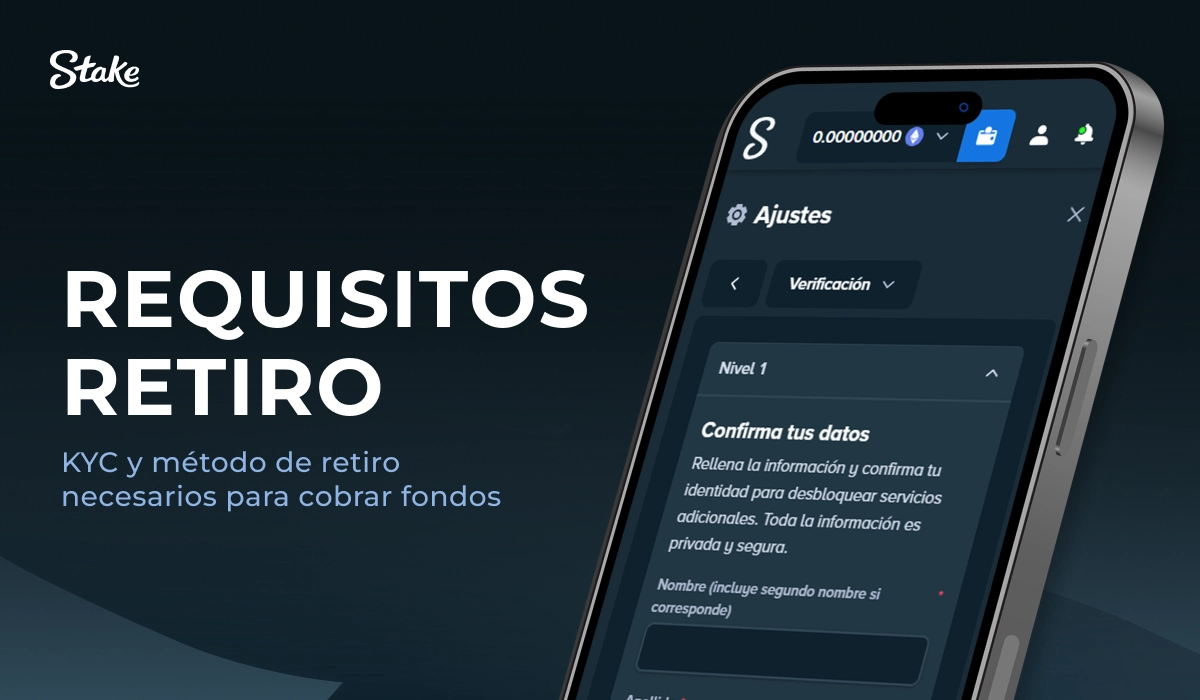 Stake: teléfono con pantalla de ajustes, tarjeta 'Requisitos retiro'.