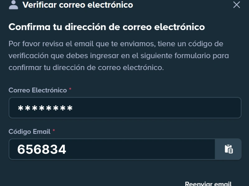 Ingreso del código de verificación en Stake
