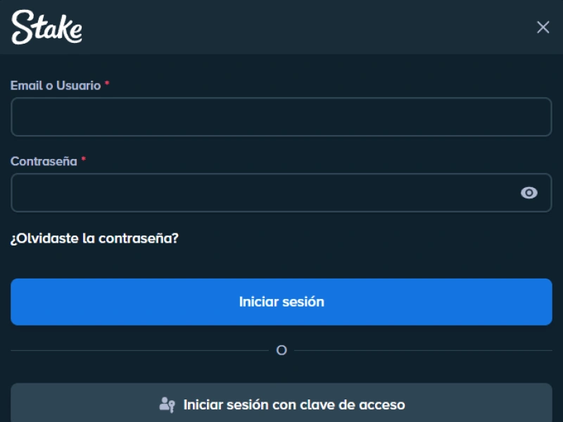 Formulario para iniciar sesión en Stake