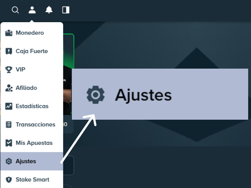 Menú de usuario con acceso a ajustes en Stake