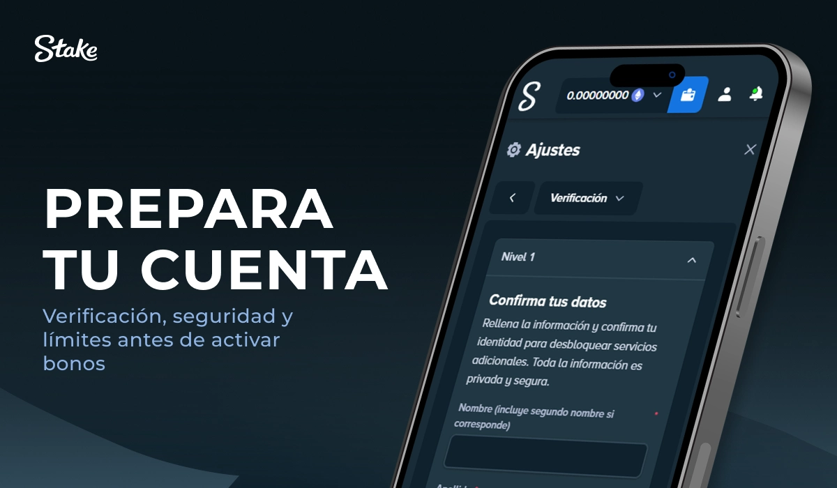 Stake: pantalla de móvil con menú de configuración, sección 'Prepara tu cuenta'.