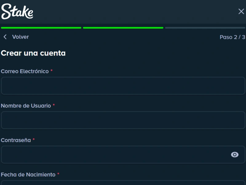 Formulario para crear una cuenta en Stake