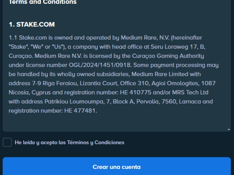 Confirmación de términos al crear cuenta en Stake