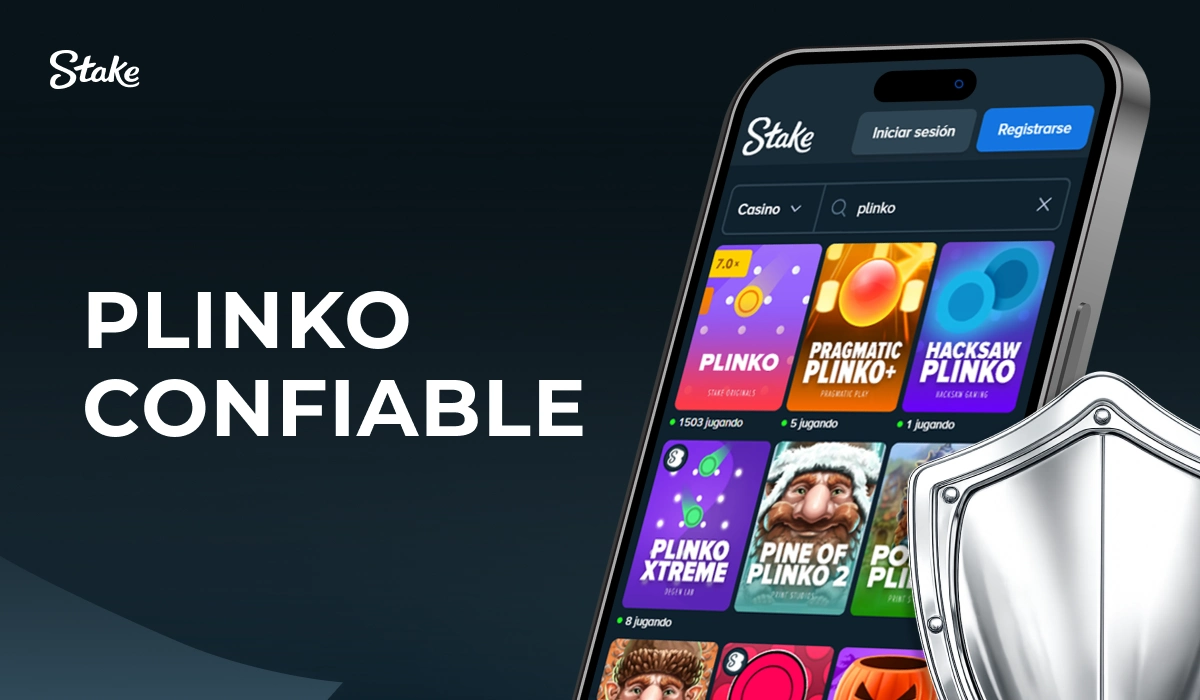 Smartphone con juegos Plinko y escudo metálico junto al texto Plinko Confiable en Stake casino online