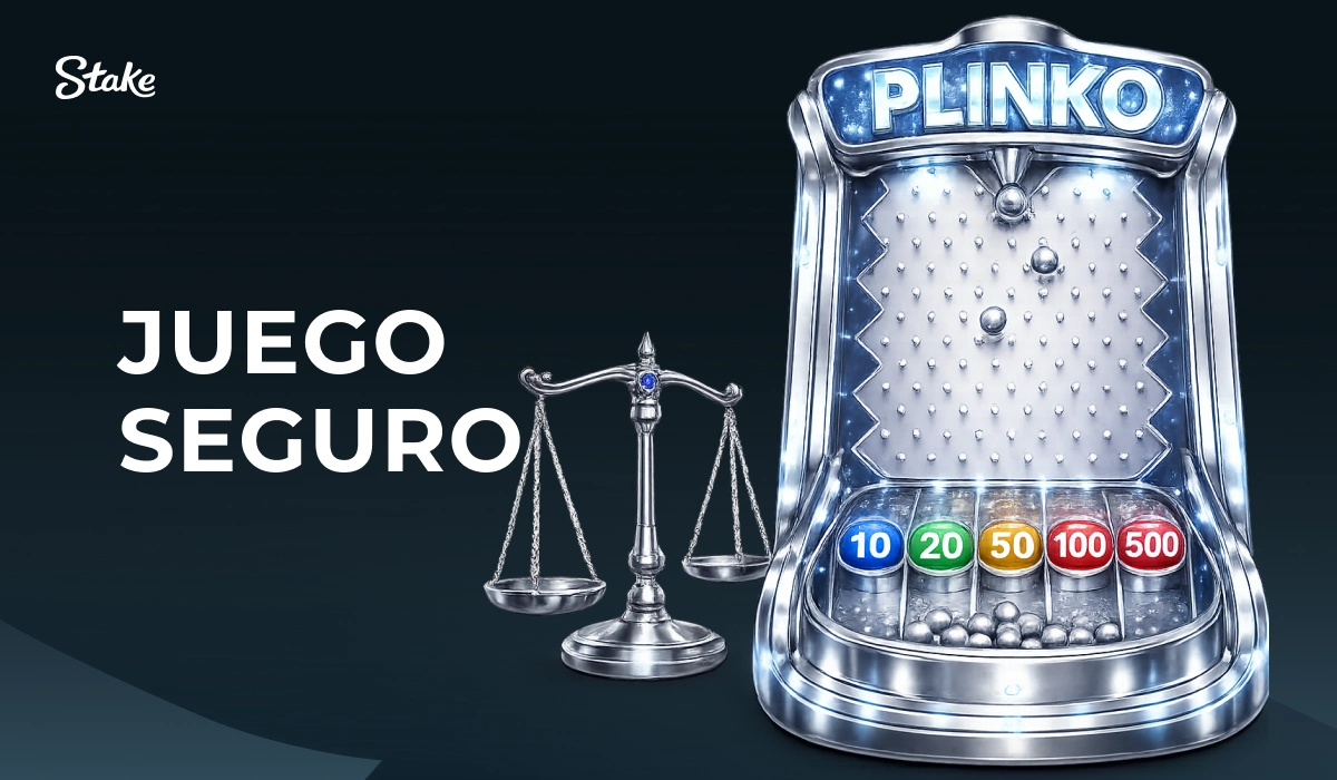 Máquina de Plinko con fichas de colores y balanza junto al texto Juego Seguro en Stake