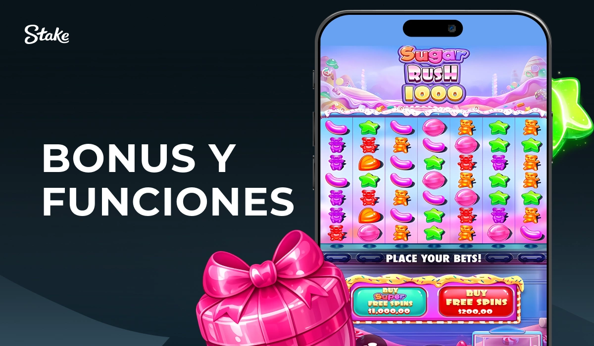 Smartphone con juego Sugar Rush y lazo rosa junto al texto Bonus y Funciones en Stake