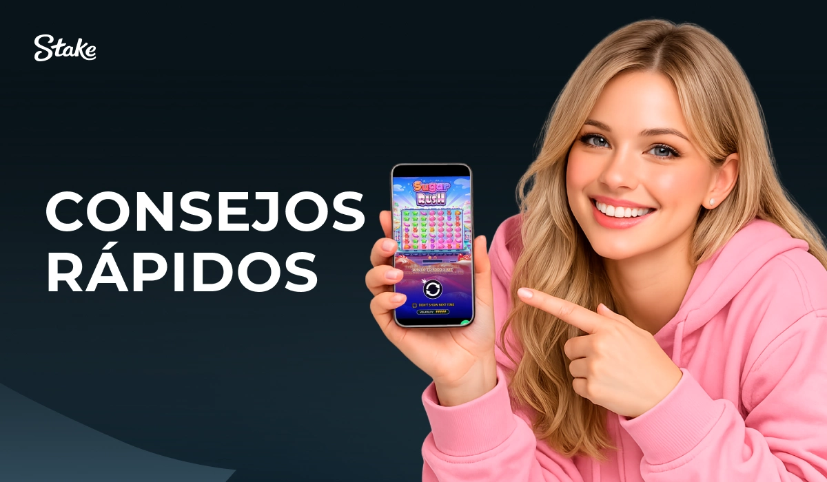 Mujer señalando smartphone con juego y texto Consejos Rápidos en Stake casino online