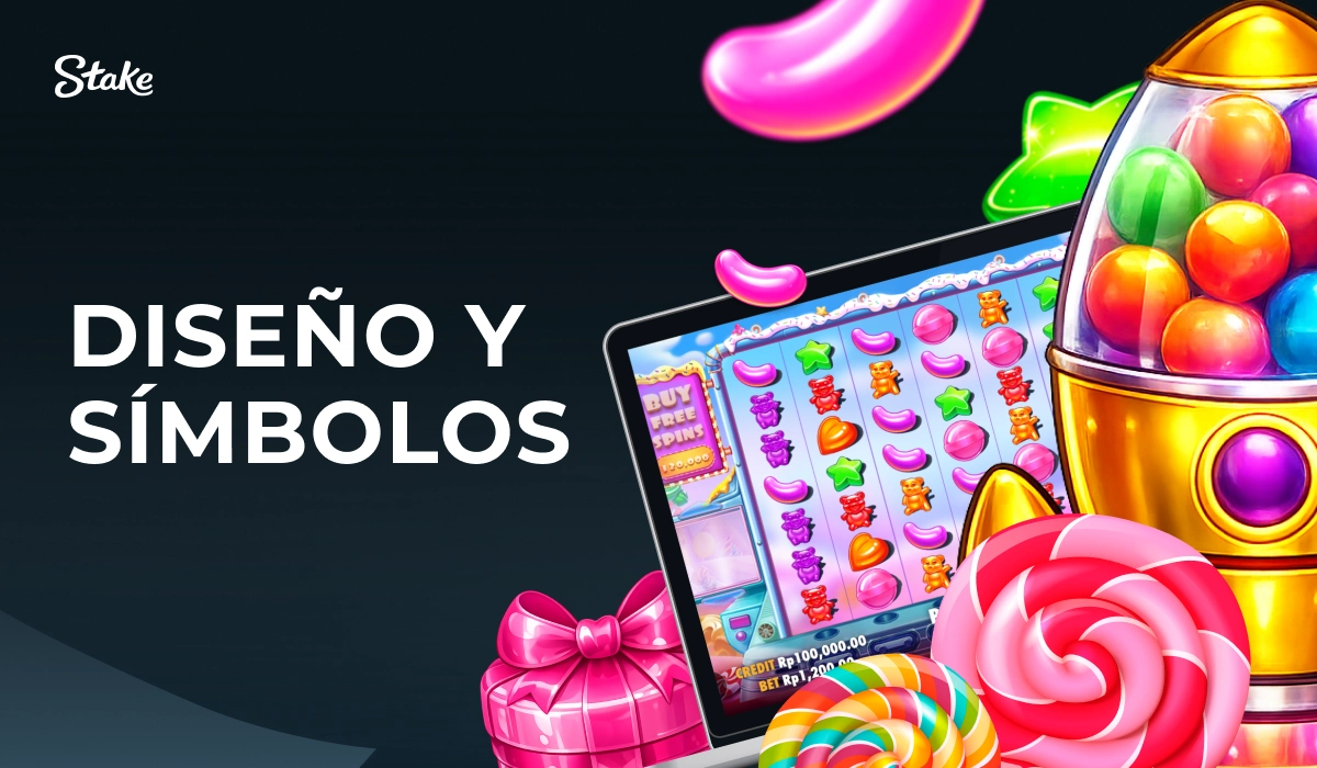 Pantalla de juego Sugar Rush con dulces y texto Diseño y Símbolos en Stake