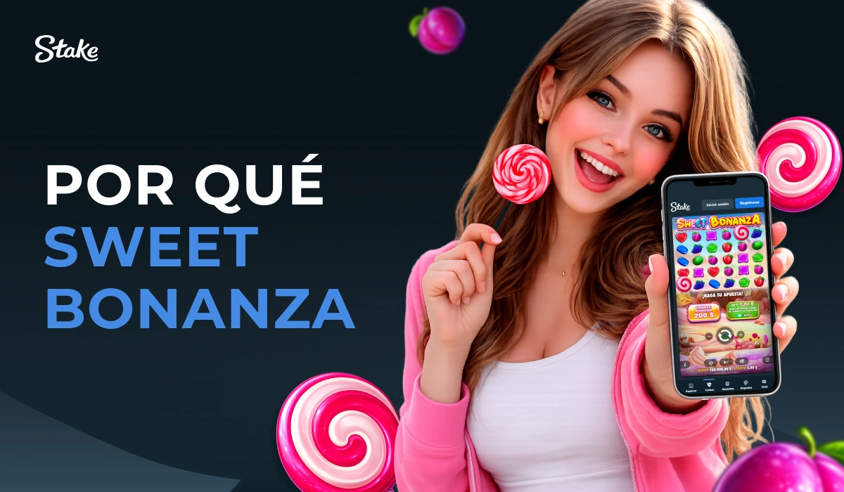 Mujer sosteniendo smartphone con juego Sweet Bonanza y texto Por qué Sweet Bonanza en Stake casino online