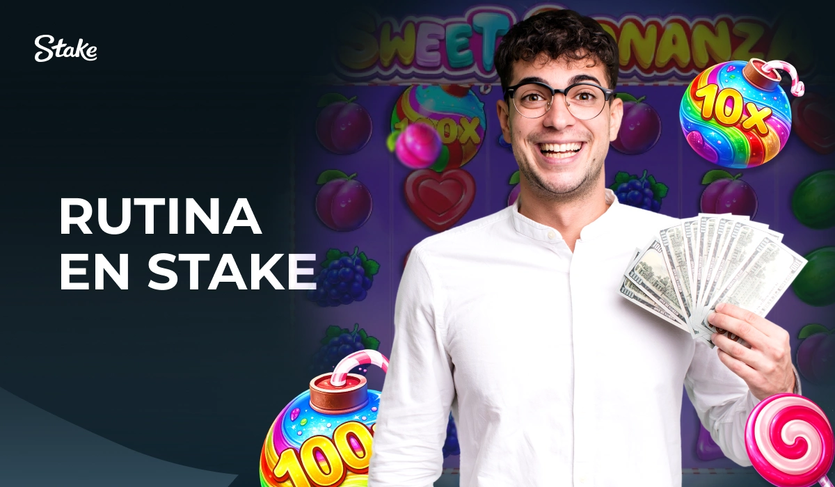 Hombre con gafas y billetes frente a fondo Sweet Bonanza y texto Rutina en Stake