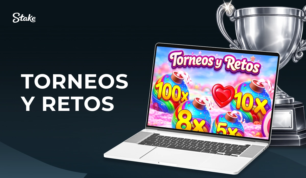 Portátil con pantalla Torneos y Retos Sweet Bonanza y trofeo plateado en Stake casino online